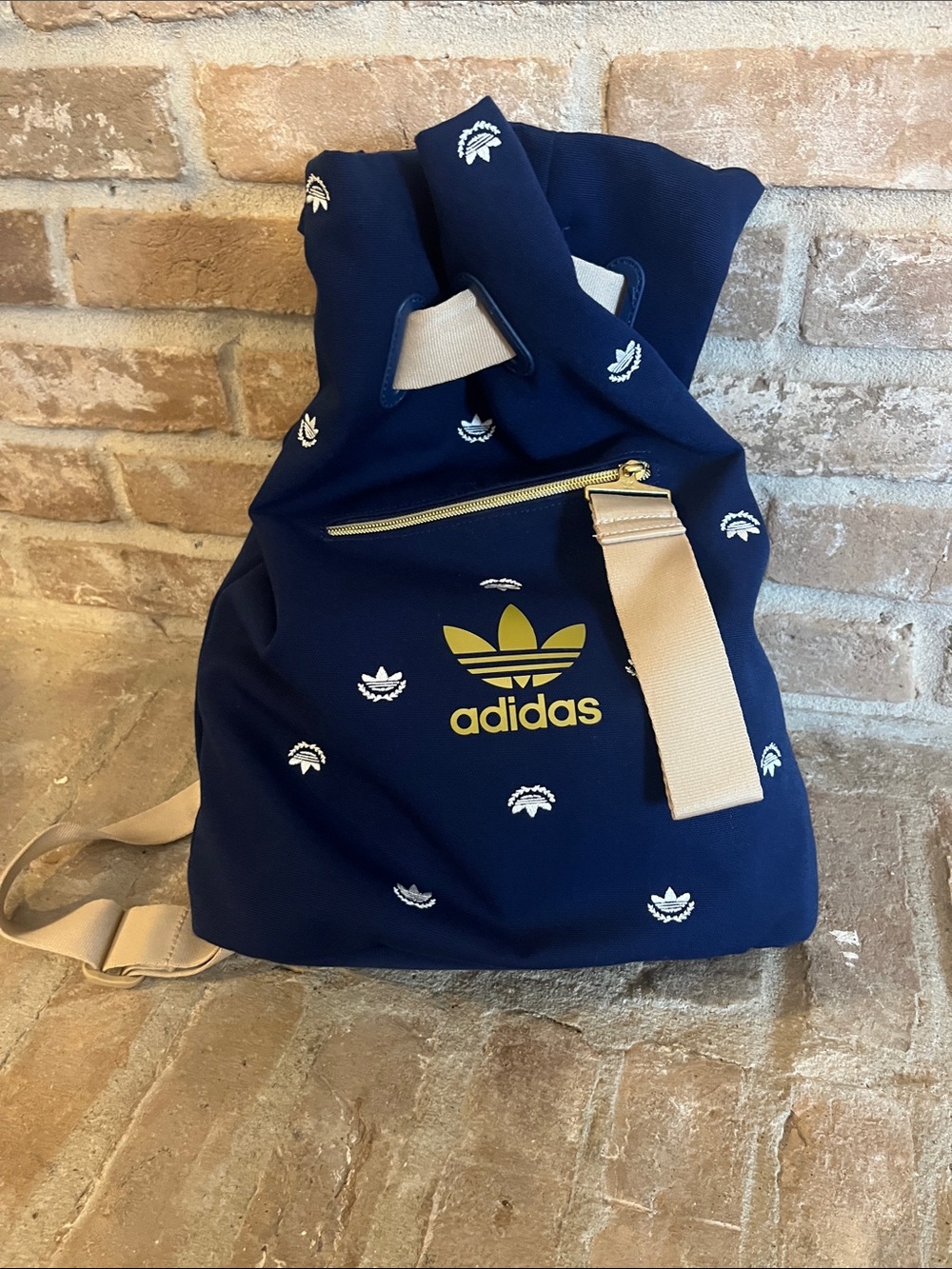 adidas Navy Backpack with Gold Logo and Cream Straps